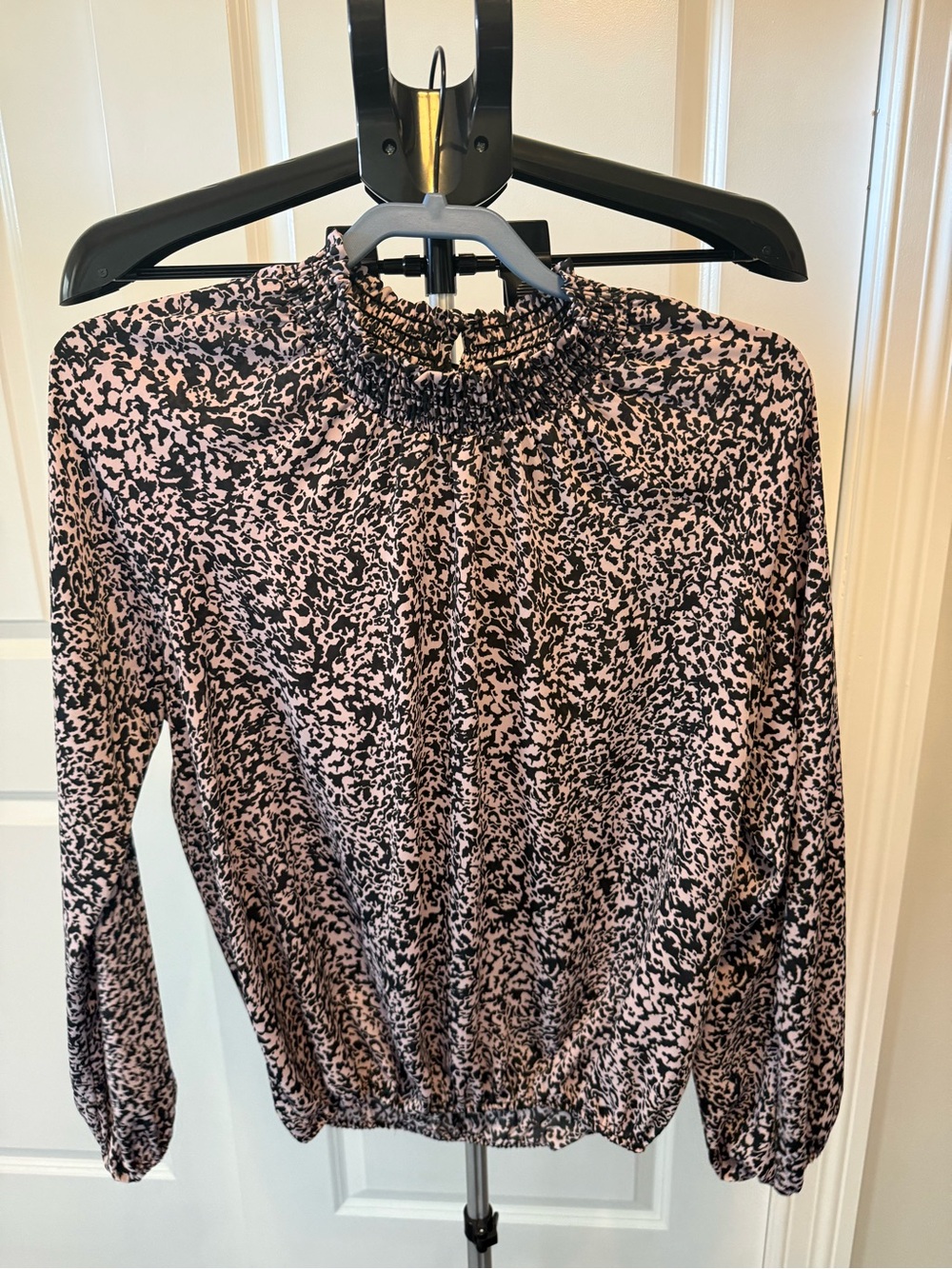 Allison Joy Pink and Black Smocked Mick Neck Long Sleeve Blouse